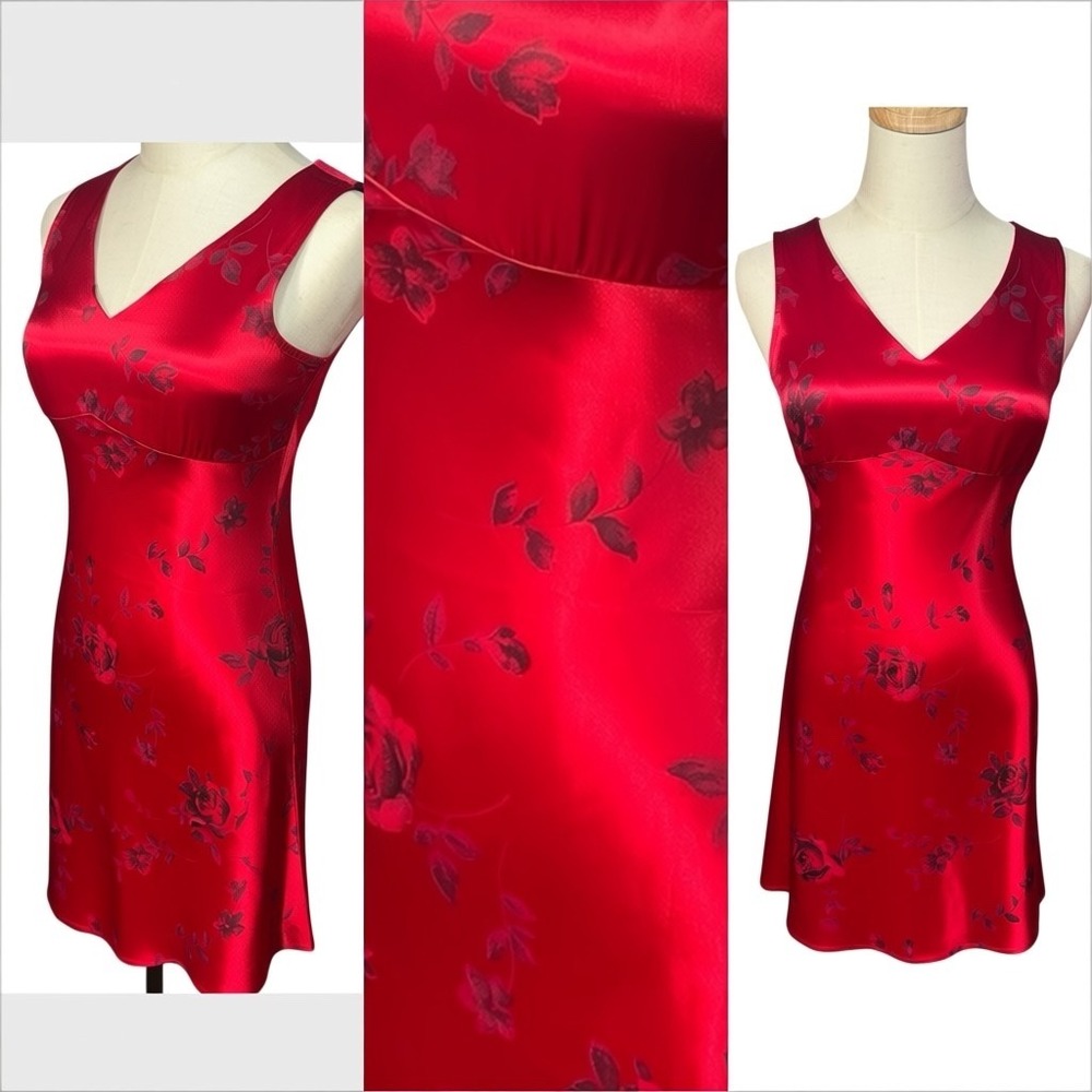 VTG 90s Byer Too Red Satin Babydoll Dress Asian Floral Slip Y2K Fairy Mini Sz S